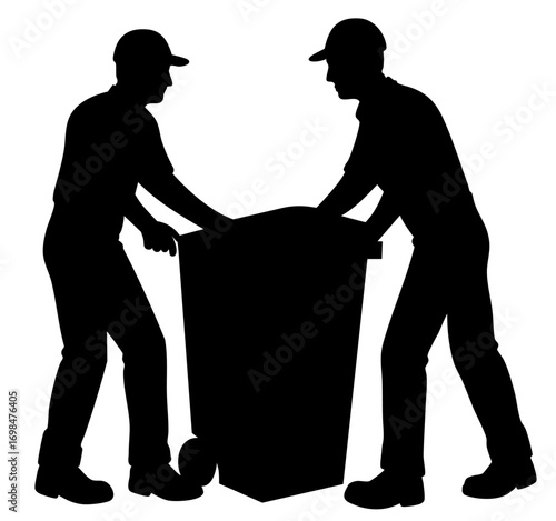  Two sanitation workers pushing large waste container together, garbage disposal