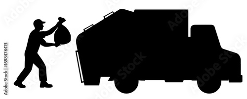 Garbage worker lifting trash bag into back of garbage truck, silhouette of sanitation labor, waste disposal, recycling service 