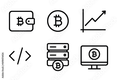 Cryptocurrency icon set: wallet, coin, graph, code, server, computer