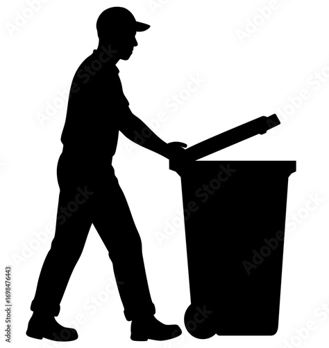 Silhouette of Worker Pushing Garbage Bin, Waste Disposal