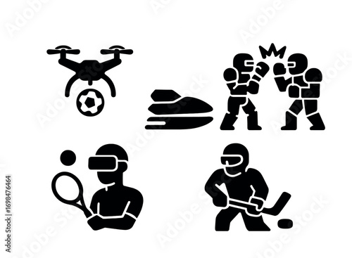 Icon set of extreme sports: drone soccer, jet skiing, boxing, vr tennis, ice hockey