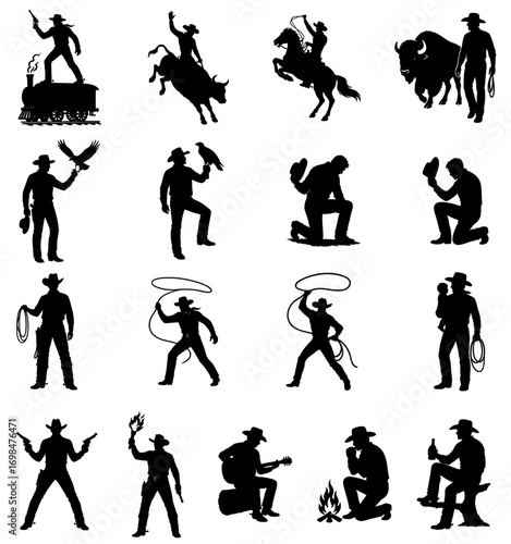 Set of cowboy silhouettes in wild west style: on train, horse, bull rider, kneeling, with bison, eagle, child, two revolvers, lasso, swinging rope, spinning lasso, torch, playing guitar, by campfire
