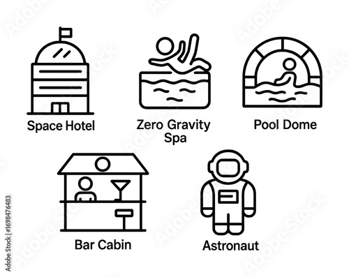 Futuristic space resort icons featuring space hotel, zero gravity spa, pool dome, bar cabin, astronaut