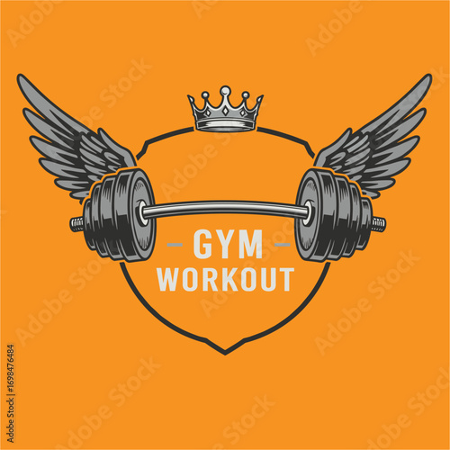 Sports center advertising poster made using disc weight dumbbell and kettle bell sport fitness and power lifting equipment.