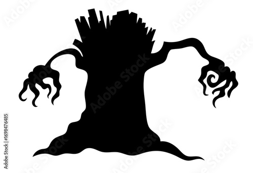 Terrifying silhouette of a cursed haunted tree shaped like a monstrous creature with twisted claw hands