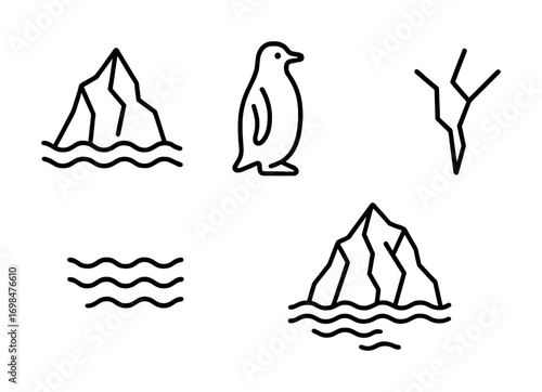 Minimalist line art of iceberg, penguin, and sea waves
