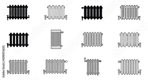 various styles of radiators displayed in grid formation