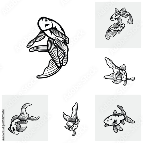 Set of Koi fish logo design vector template. Koi fish line art. Koi fish japanese logo vector element