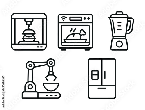 Kitchen appliances line icons: oven, blender, 3d printer, robotic arm, refrigerator