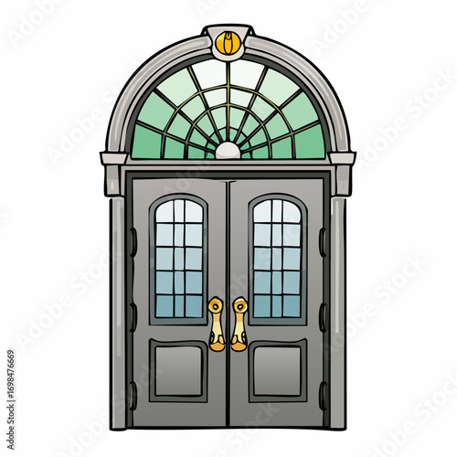 mahogany arched door with stained-glass fanlight and encaustic tile threshold for heritage branding
