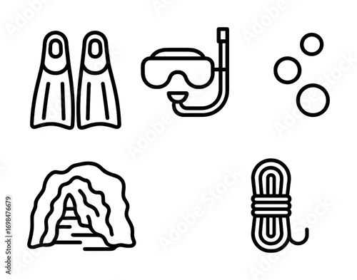 Scuba diving essentials: fins, snorkel, goggles, cave, bubbles line art