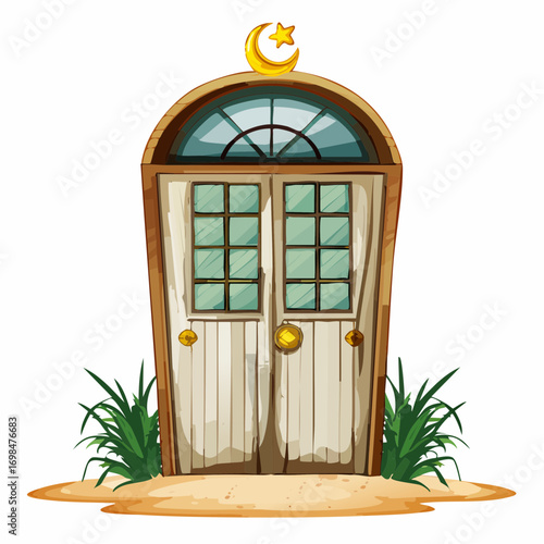 sea-glass mosaic moon driftwood door with sun-face knocker and lanterns for coastal boho branding