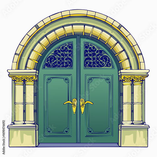 gothic revival moss green pointed‐arch door with gargoyle knocker for victorian architectural branding