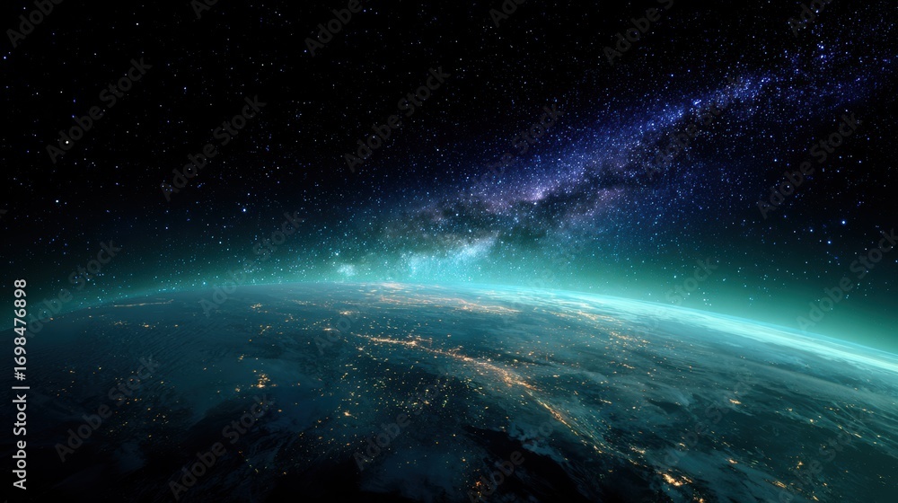 Fototapeta premium A night image of Earth from space, with the galaxy glow highlighting the planet beauty