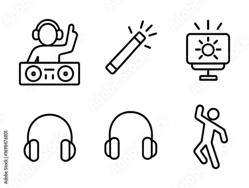 Dj and music icons: headphones, mixer, dancing, lightstick, music visualization line art