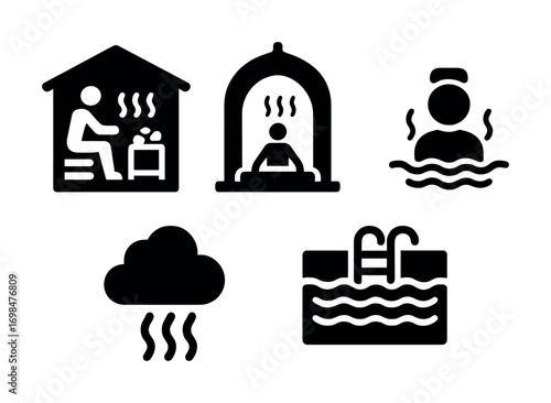 Wellness spa icons: sauna, steam room, relaxation, cloud, pool