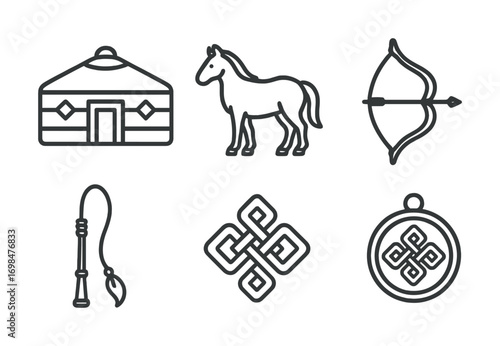 Traditional mongolian symbols: ger, horse, bow, whip, patterns