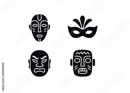 Stylized tribal and festival masks icon set in black and white