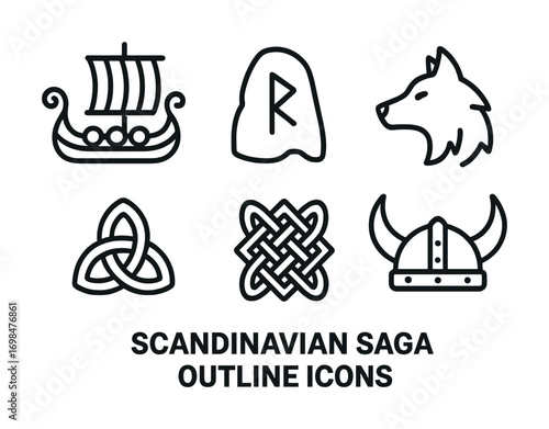 Scandinavian saga outline icons: ship, rune, wolf, knot, helmet