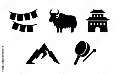 Tibetan culture symbols: prayer flags, yak, mountain, drum, temple