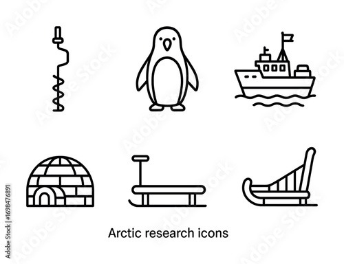 Arctic research icons: ice drill, penguin, icebreaker, igloo, sled, toboggan
