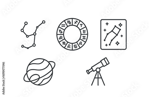 Astrology symbols: zodiac wheel, constellations, telescope, and planet icon