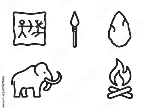Stone age symbols: cave art, spear, flint, mammoth, and fire icons