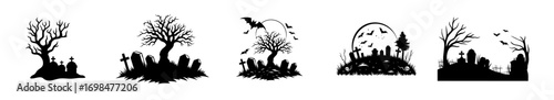 Spooky graveyard silhouettes with dead trees, tombstones, bats, and haunted night scenes under the moon
