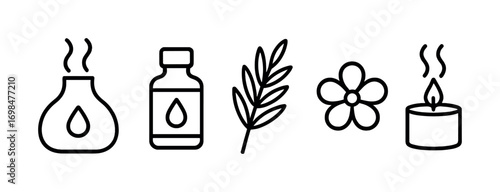 Aromatherapy icons collection with essential oils, herbs, and candles