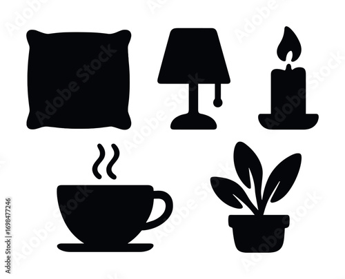 Cozy home icons: pillow, lamp, candle, coffee cup, potted plant silhouettes