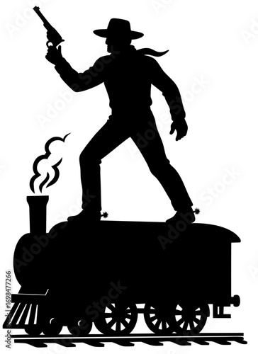 Cowboy standing on moving train car with revolver raised, classic wild west outlaw scene, dramatic western action, robbery, frontier 
