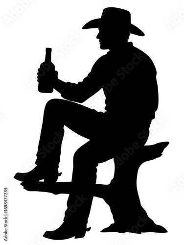 Cowboy sitting relaxed on fence with beer bottle in hand, classic western ranch 
