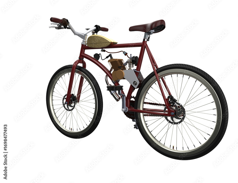 Fototapeta premium Vintage Motorized Bicycle 3D Render: Detailed maroon frame bike with white-wall tires, engine kit, isolated on high-resolution PNG transparent background. Retro urban commuting vehicle asset.