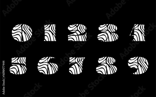 Abstract Line Pattern Number Font – White Numbers with Wood Grain Contour Texture on Black Background 0-9