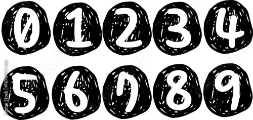 Hand Drawn Doodle Number Font – White Bold Numbers in Black Circle Textured Background 0-9