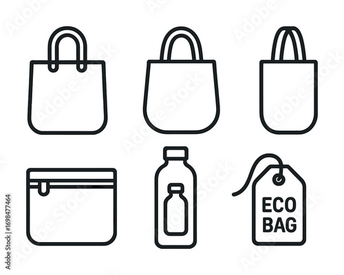 Set of minimalist eco-friendly bag and bottle icons for sustainable living