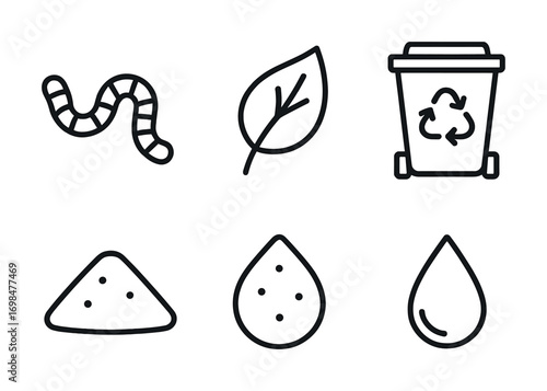 Eco-friendly icons: worm, leaf, recycling bin, compost, seeds, water droplet