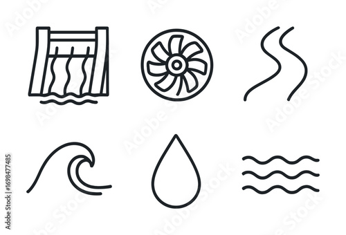Set of line art symbols: dam, fan, curves, wave, droplet, and water lines