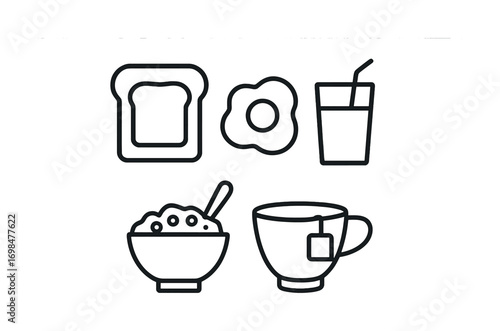 Simple breakfast icons: toast, egg, juice, cereal, tea cup outline