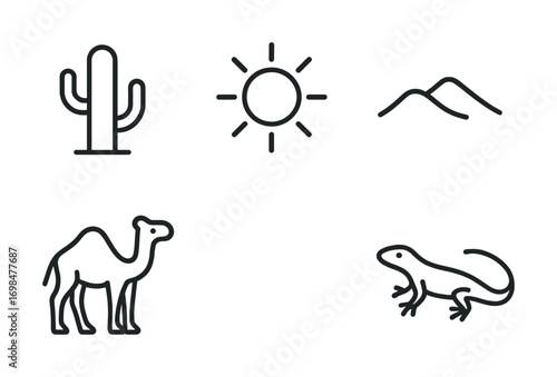 Desert icons: cactus, sun, mountains, camel, lizard in simple line art