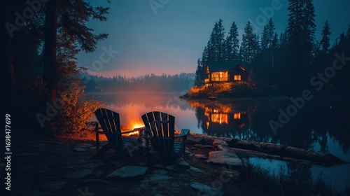 Lakeside cabin glows at dusk, chairs by bonfire on shore, serene, trees & water