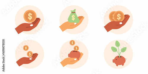 Collection of flat design icons representing financial concepts like saving investing and wealth accumulation