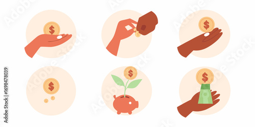Collection of flat design icons illustrating financial concepts and money management