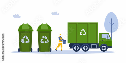 Recycling worker collecting trash from bins with a garbage truck and a tree in the background