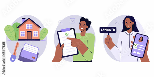 Real estate transaction process showing house approval and document signing
