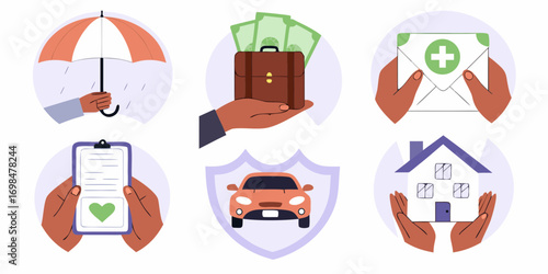 Collection of hands holding symbols representing different types of insurance and financial protection