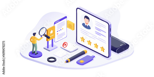 Modern isometric illustration of a person reviewing a profile and ratings on a digital screen