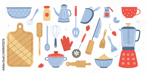 Collection of colorful kitchen utensils and baking ingredients arranged in a playful flat design style