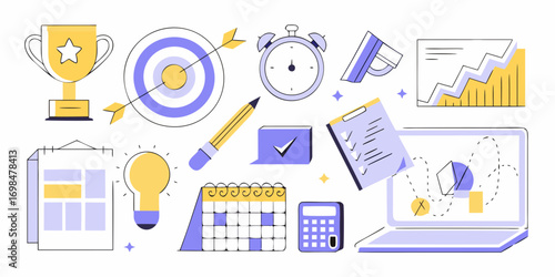 Collection of business and productivity icons representing goals planning and success