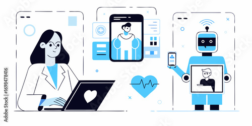 Doctor using laptop and robot interacting with patients via digital screens for telemedicine and healthcare technology